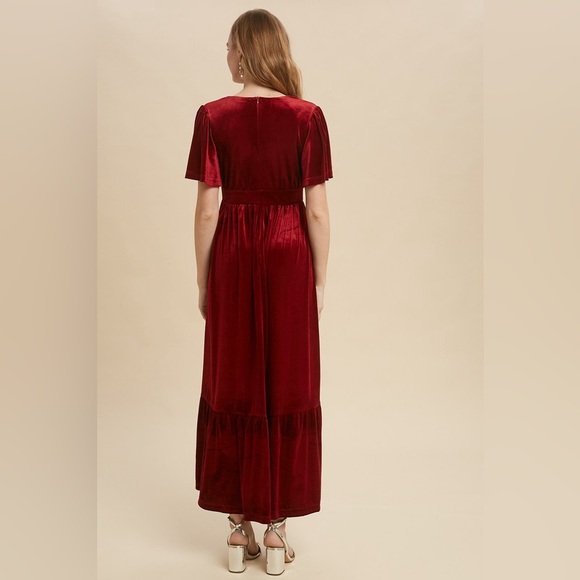 Burgundy Red Babydoll Bodice Velvet Maxi Dress - Picture 5 of 9
